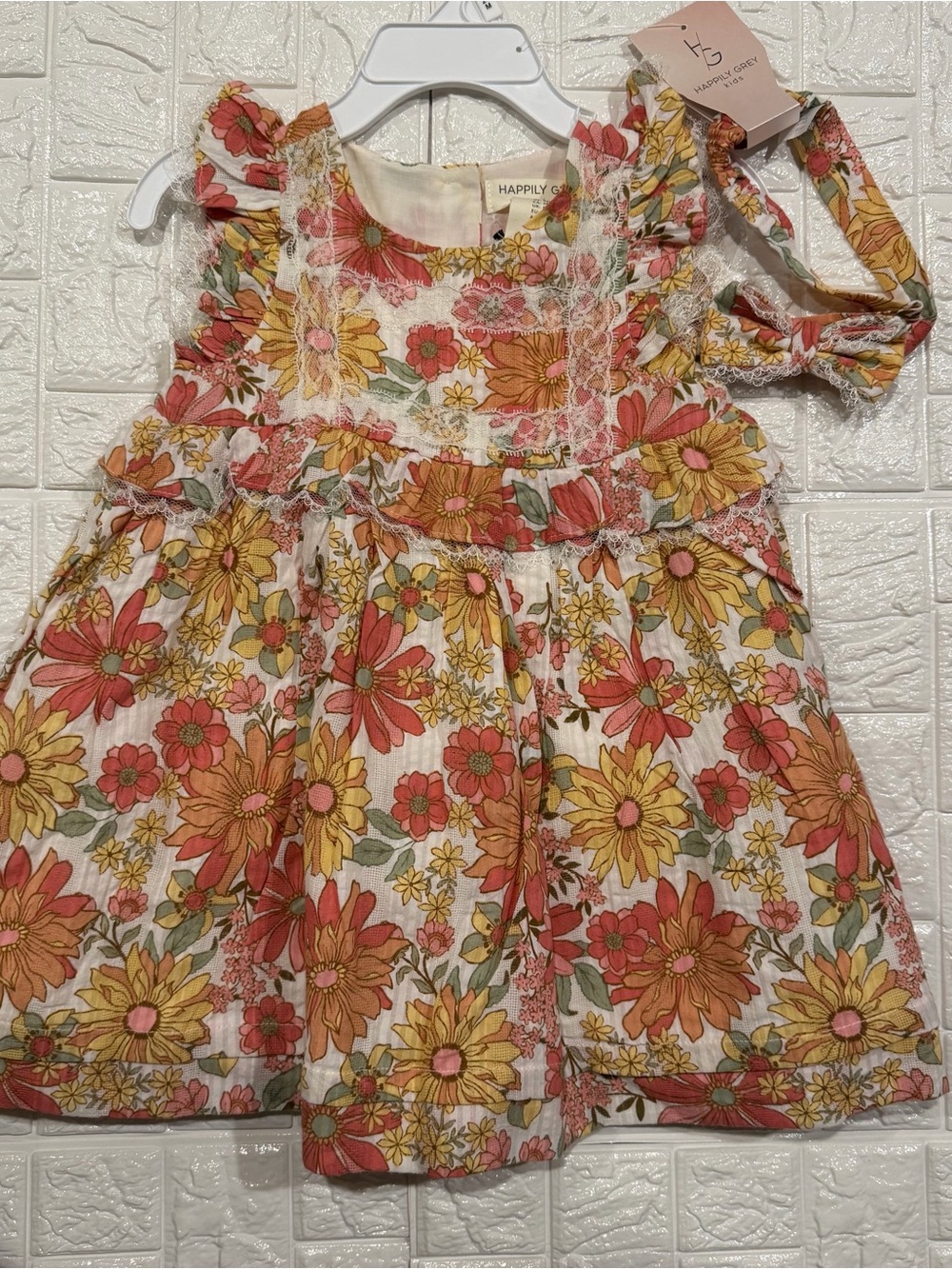 NWT Happily Grey Kids Floral Lace Dress & Headband 24M